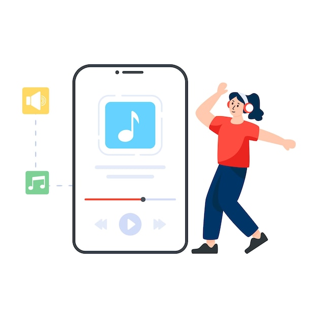 Vetor um vetor plano demonstrando o aplicativo de música em ilustração moderna