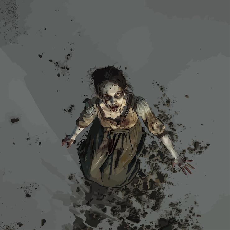 Vetor um zumbi assustador com um rosto sujo e um chão sujo.