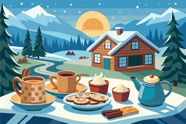 Vetor uma aconchegante mesa de pequeno-almoço de cabana com farinha de aveia, biscoitos recém-cozidos e copos de cacau quente perfeitos para uma manhã de neve.