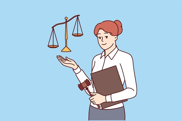 Vetor uma advogada que trabalha em um escritório de advocacia segura um martelo e uma balança que simboliza a justiça ou a jurisprudência