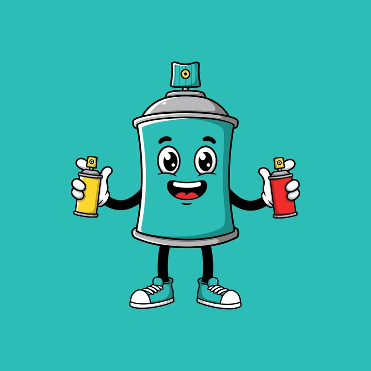 Vetor uma alegre lata de spray de tinta azul-azul personagem segura latas amarelas e vermelhas irradiando alegria e energia brincalhona as cores vibrantes e o estilo de desenho animado criam um humor feliz e divertido