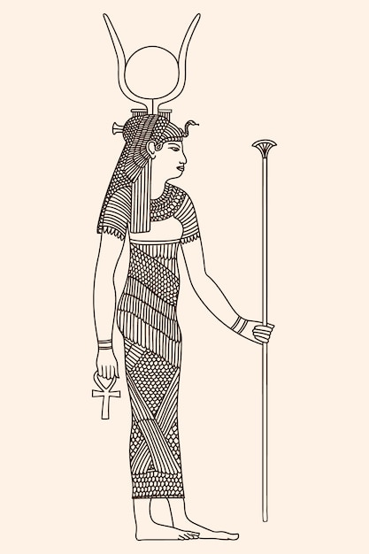 Uma antiga divindade egípcia com um cetro nas mãos. A figura é isolada em um backg bege