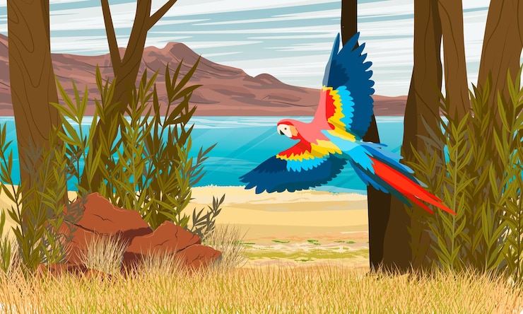 Vetor uma arara papagaio brilhante voa sobre uma costa tropical do oceano américa do sul e áfrica vetor realista