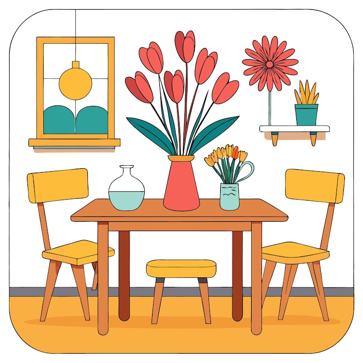 Vetor uma área de jantar aconchegante com uma mesa, cadeiras e arranjos de flores