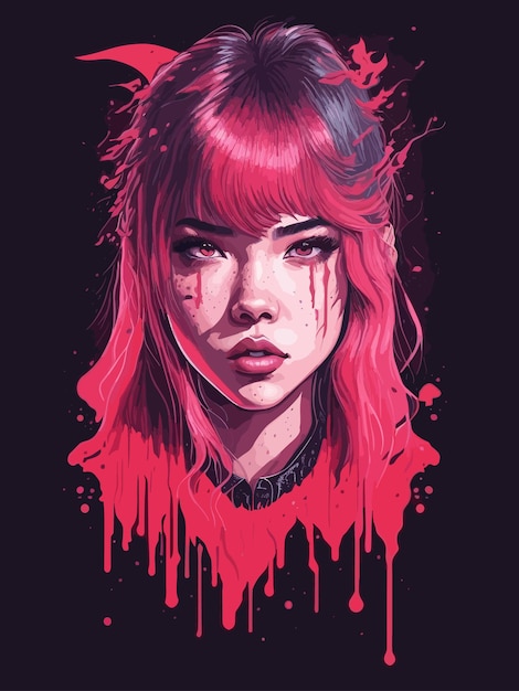 Uma arte digital de uma menina com cabelo rosa e olhos vermelhos.