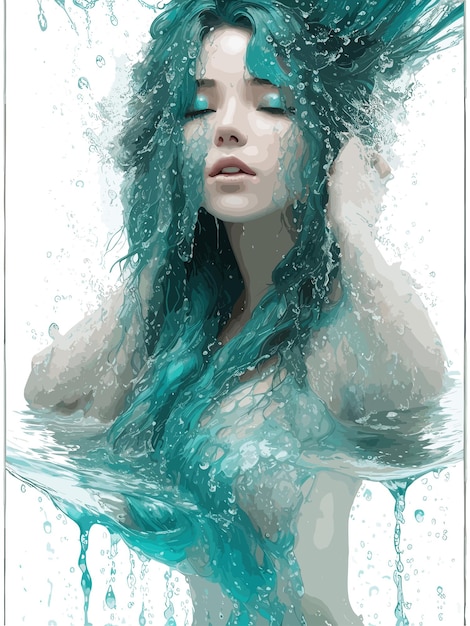 Uma arte digital de uma mulher com cabelo azul flutuando na água.