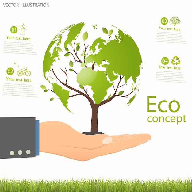 Uma árvore com um globo na mão Conceito ambiental Ilustração do gráfico de informação do conceito de ecologia