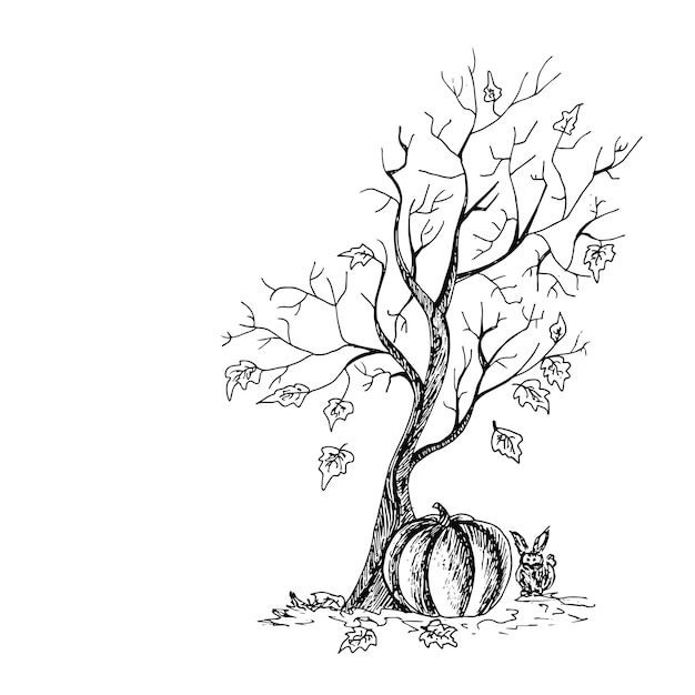 Uma árvore com uma abóbora e um coelho halloween férias de outono mão desenhada ilustração vetorial