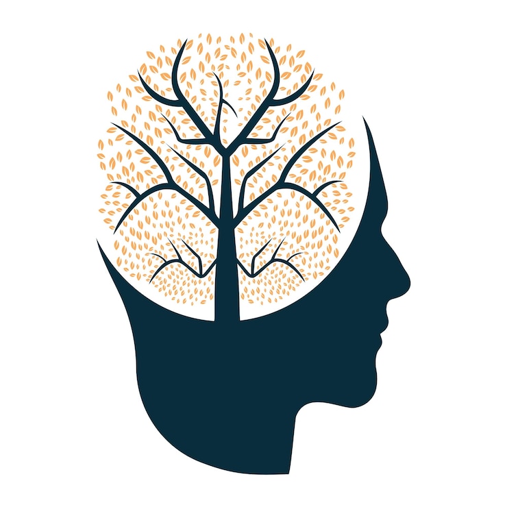 Vetor uma árvore de cabeça humana com ilustração de ícone de logotipo de folhas projeto de vetor de árvore de cérebro de cabeça humana