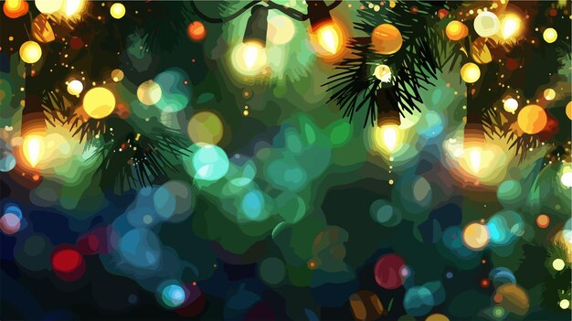 uma árvore de Natal com luzes atrás dela e uma árvora de Natal ao fundo