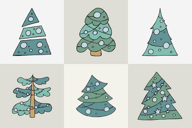 Uma árvore de natal desenhada à mão ilustração vetorial no estilo doodle humor de inverno olá 2023 feliz natal e feliz ano novo árvores verdes com brinquedos azuis em um fundo cinza