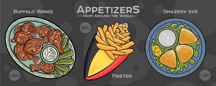 Vetor uma aventura gourmet global com uma variedade de pratos pequenos de renome
