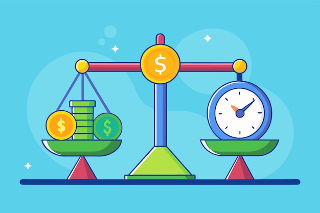 Uma balança com dinheiro e um relógio nele simbolizando a relação entre o tempo e o dinheiro O tempo é dinheiro Ilustração vetorial plana simples e minimalista