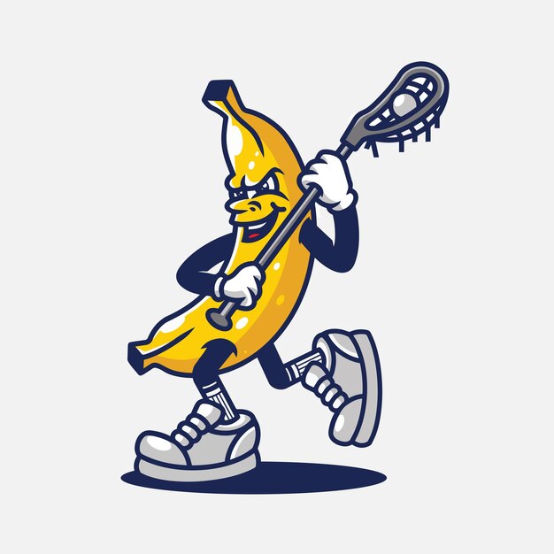 Vetor uma banana bonita a jogar lacrosse. vector de mascote.