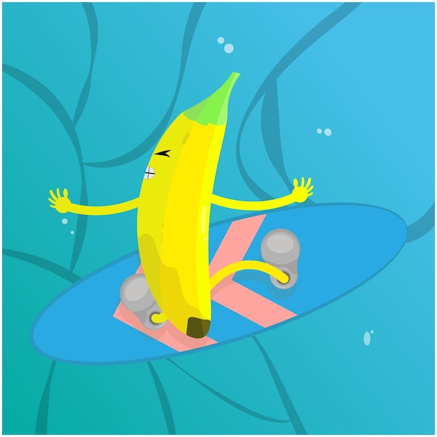 Vetor uma banana em uma prancha de surf com um rosto bonito