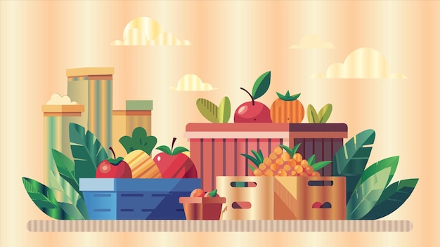 Uma banca de frutas com uma cesta de frutas e legumes