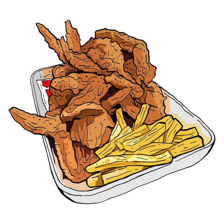 Vetor uma bandeja de frango frito e batatas fritas com as palavras frango frito