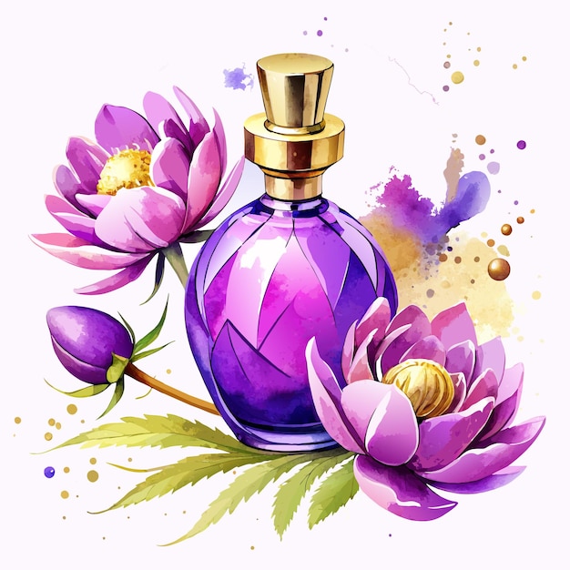 Vetor uma bela garrafa de perfume roxo com pions no estilo de glamour ilustração de aquarela de brilho dourado em fundo branco