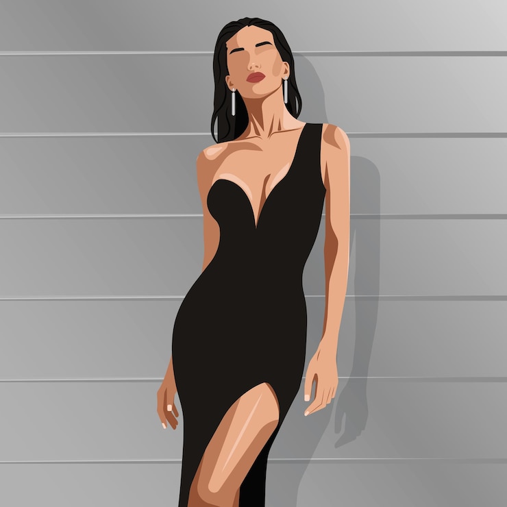 Vetor uma bela jovem em um elegante vestido preto com um ombro nu e uma fenda na perna