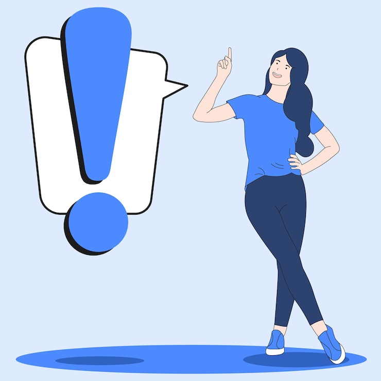 Vetor uma bela jovem sorridente apontando para uma bolha de chat com um ponto de exclamação vector flat