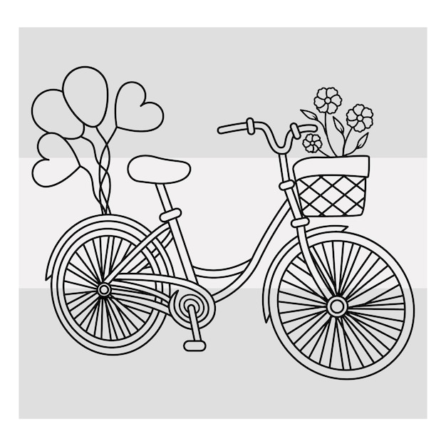 Vetor uma bicicleta com um cesto cheio de flores e um coração.