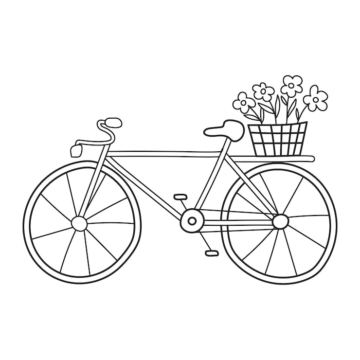 Vetor uma bicicleta de duas rodas com uma cesta de flores no estilo doodle de esboço