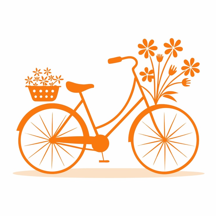 Vetor uma bicicleta laranja com flores e uma cesta com flores nela
