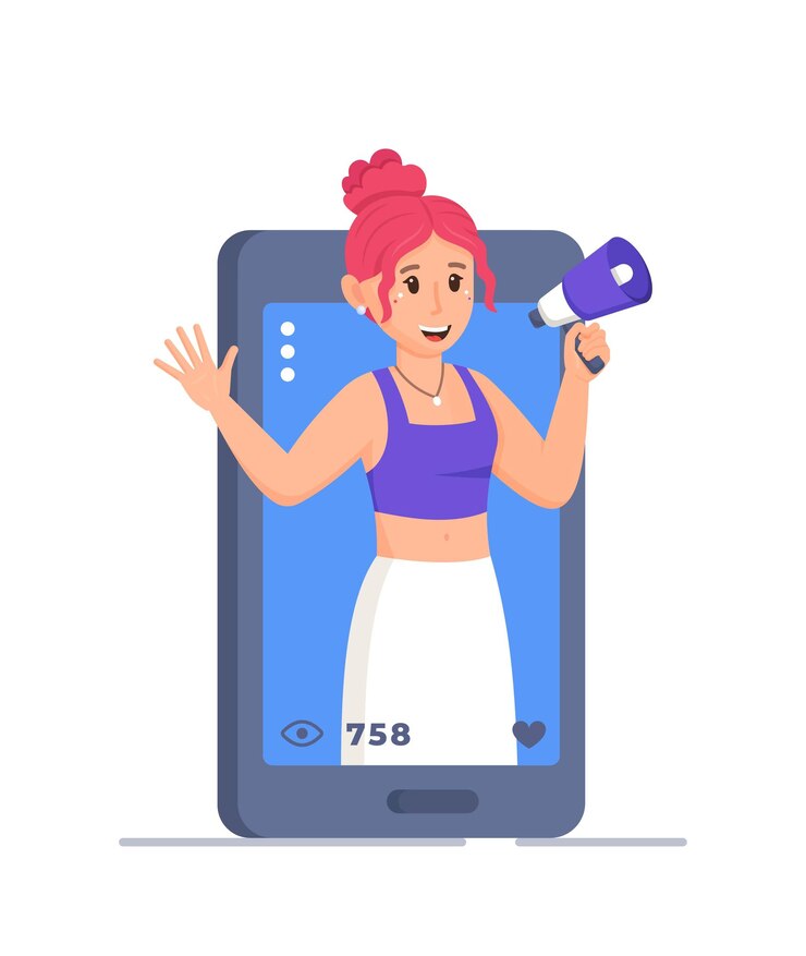 Vetor uma blogueira está correndo uma maratona ao vivo. ilustração em vetor de um tipo moderno de ganhar dinheiro. gostos. assinantes.