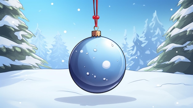 Vetor uma bola de natal com um fundo de neve e uma floresta coberta de neve no fundo