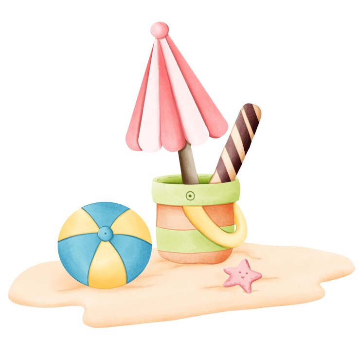 Vetor uma bola de praia e um chapéu na areia com um cone nele