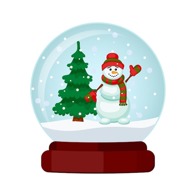 Uma bola de vidro com um boneco de neve e uma árvore de Natal