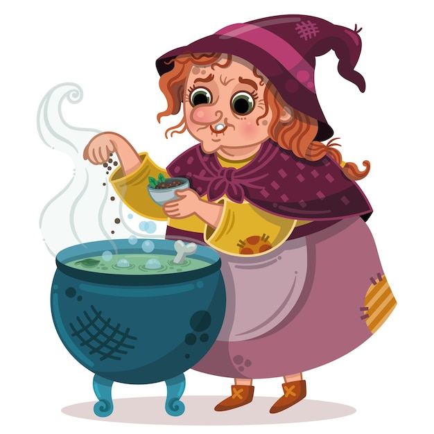 Vetor uma bruxa cozinha uma poção em um caldeirão
