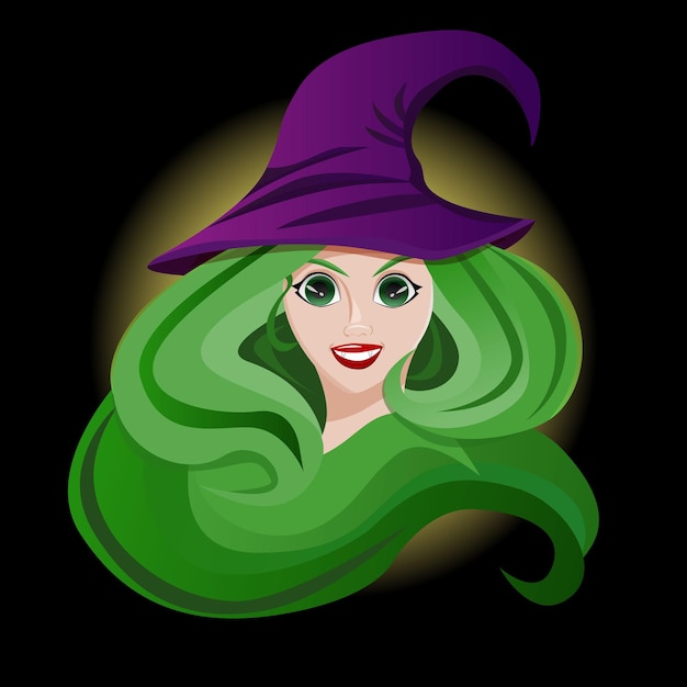 Uma bruxa má com olhos e cabelos verdes e um chapéu roxo. ilustração vetorial assustador de halloween