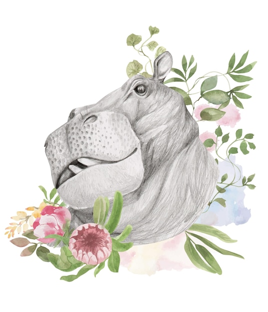 Uma cabeça de hipopótamo com flores e folhas.