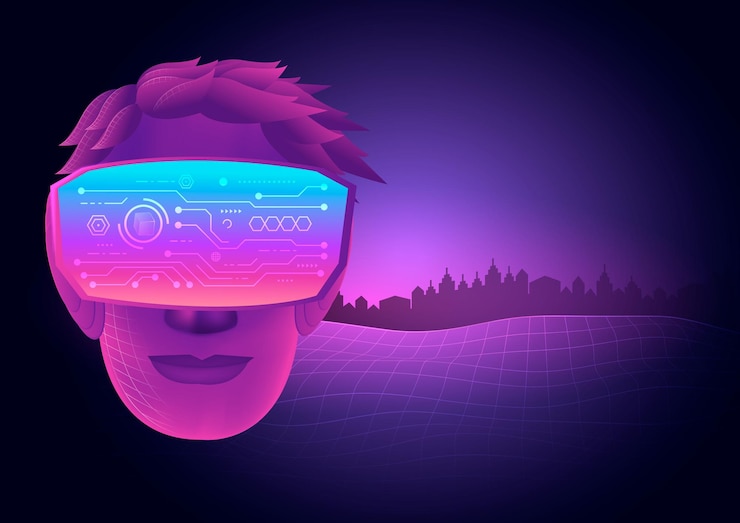 Vetor uma cabeça de homem usa óculos de realidade virtual vr e fundo do mundo virtual metaverso