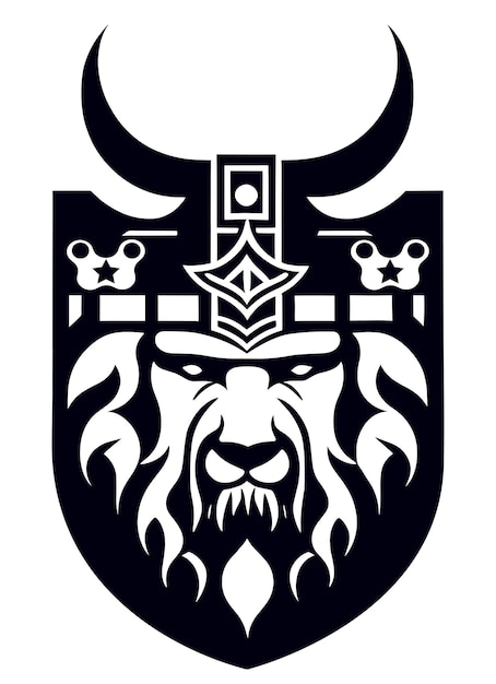 Uma cabeça de leão viking com um escudo e estrelas