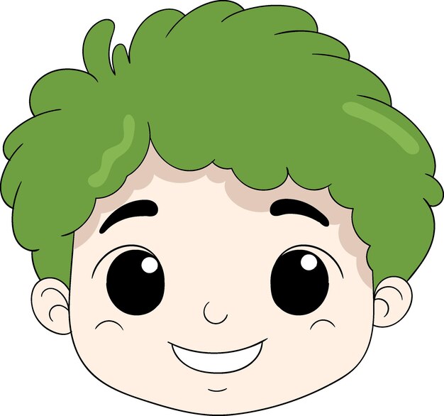 Vetor uma cabeça de menino de cabelo verde ondulado com um sorriso feliz