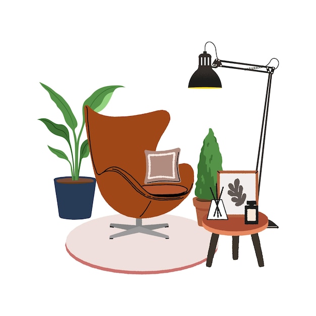 uma cadeira com um laptop e uma planta na mesa