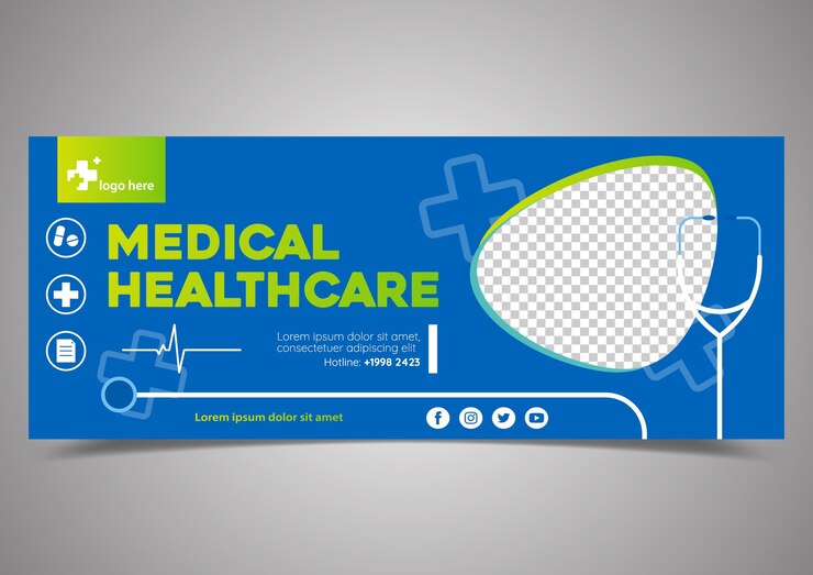Vetor uma caixa azul que diz cuidados médicos.
