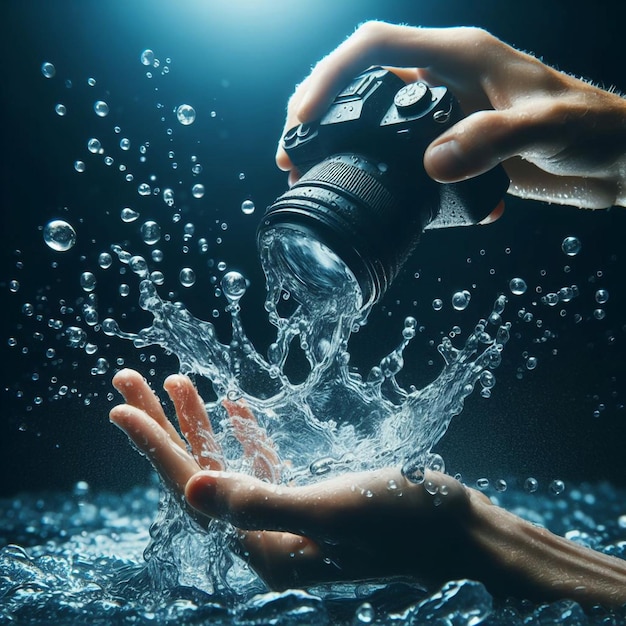 Vetor uma câmera salpicando água com uma mão segurando-a na água