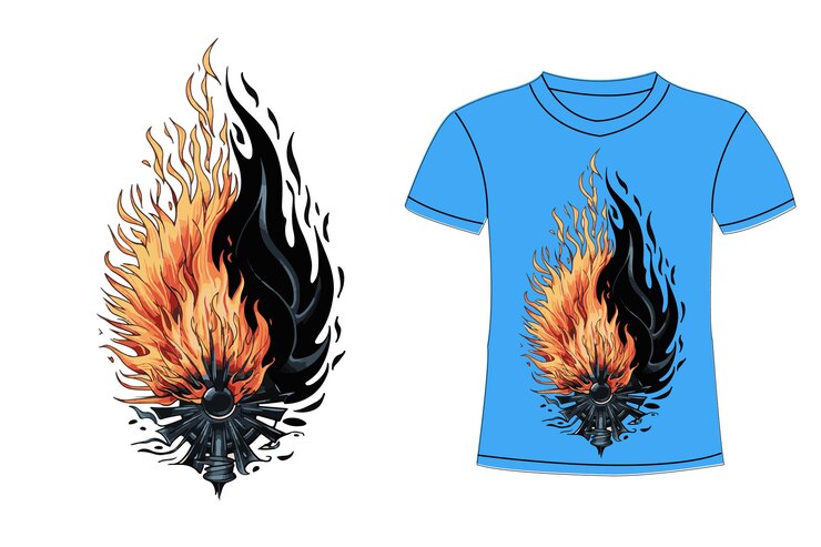 Vetor uma camisa azul com um desenho preto e uma camisa azuis com chamas na frente