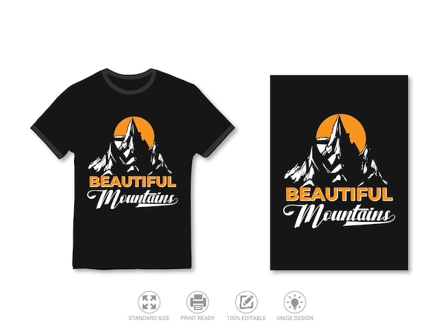 uma camisa preta e laranja com as palavras belas belas e belas montanhas