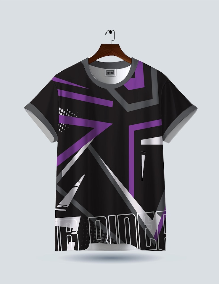 Vetor uma camisa preta e roxa com a palavra " bola " citada
