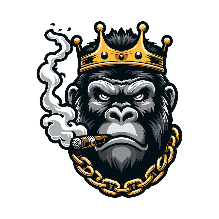 Vetor uma cara de gorila com fumaça coroa e cadeia de ouro mascote ilustração vetorial do logotipo