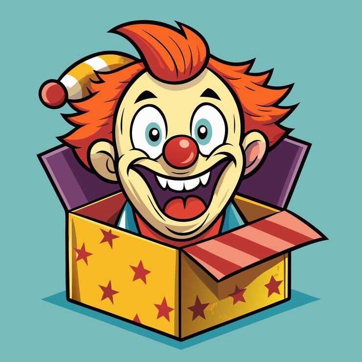 Vetor uma cara de palhaço bonita emergindo de uma ilustração vetorial de desenho animado de caixa