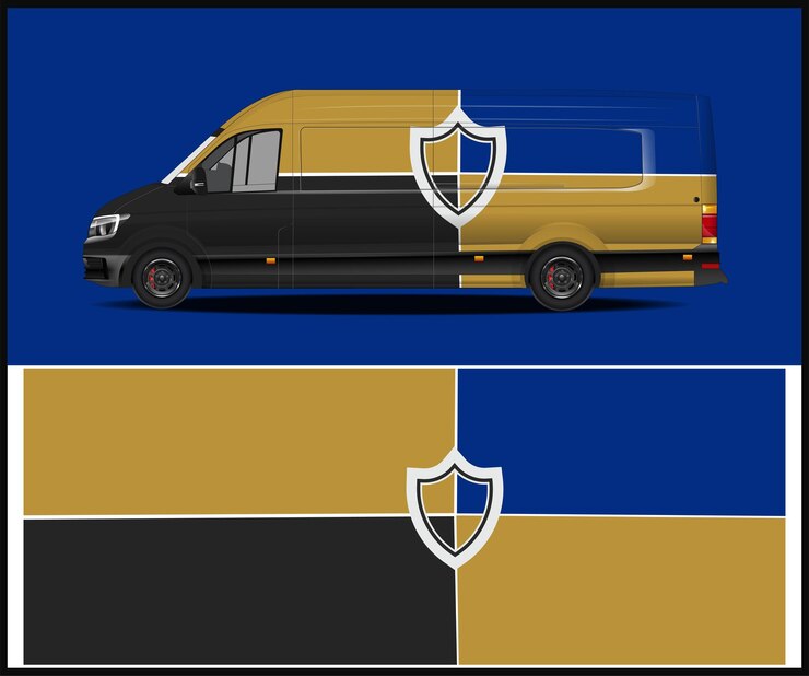 Vetor uma carrinha preta com um logotipo dourado e preto