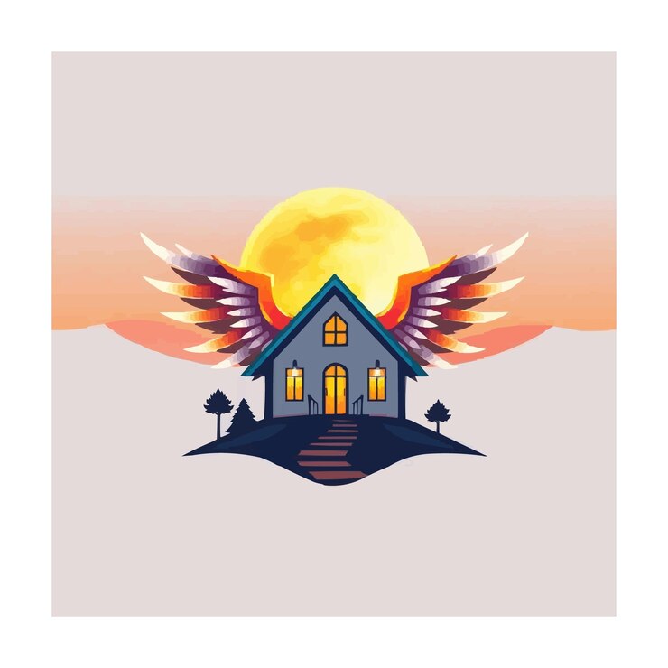 Vetor uma casa caprichosa com asas de anjo um sonho tornado realidade