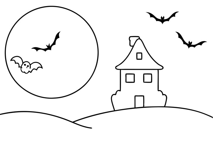 Vetor uma casa com uma casa na frente e uma lua no fundo