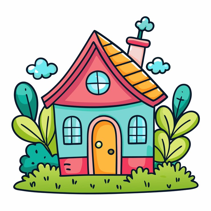 Vetor uma casa de desenho animado bonita com uma chaminé, janelas e porta.
