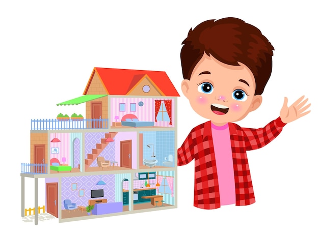 Uma casa de desenho animado cortada e crianças
